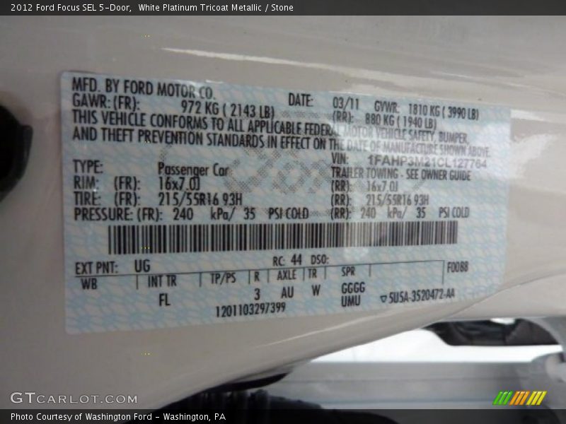 2012 Focus SEL 5-Door White Platinum Tricoat Metallic Color Code UG