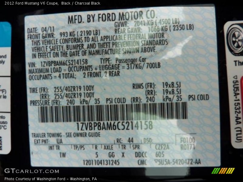 2012 Mustang V6 Coupe Black Color Code UA