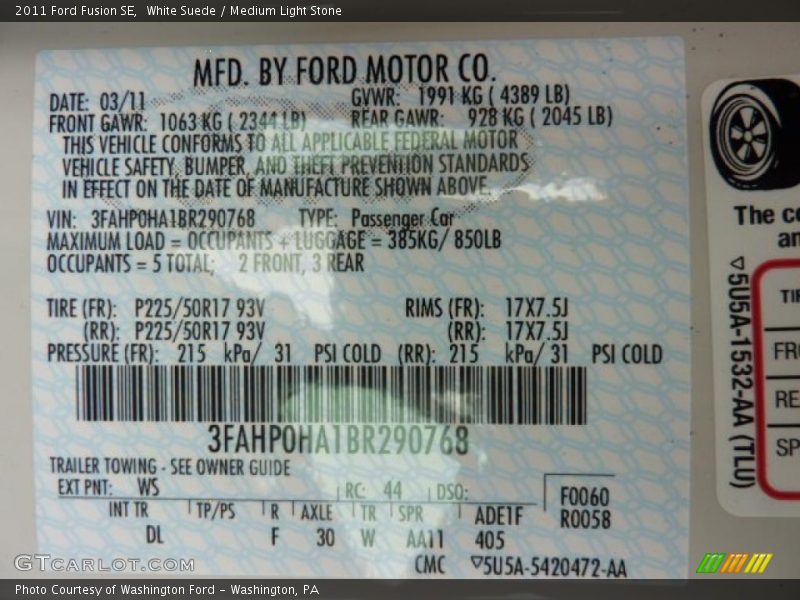 White Suede / Medium Light Stone 2011 Ford Fusion SE