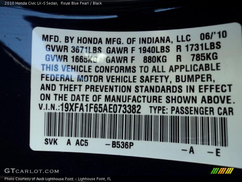 2010 Civic LX-S Sedan Royal Blue Pearl Color Code B536P