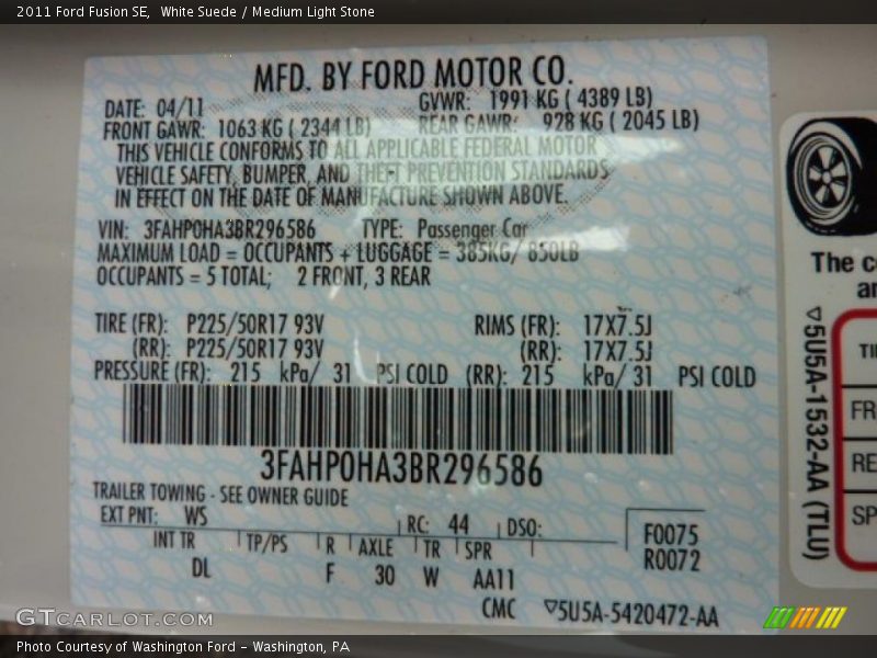 White Suede / Medium Light Stone 2011 Ford Fusion SE