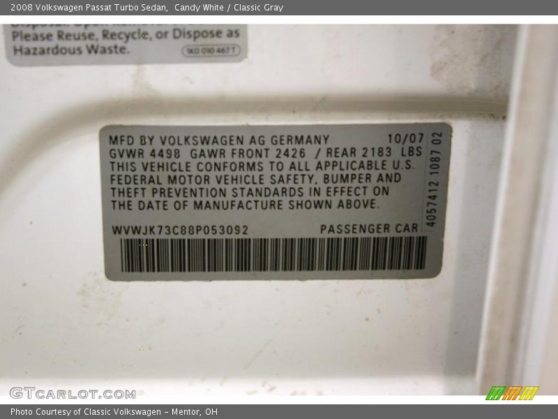 Candy White / Classic Gray 2008 Volkswagen Passat Turbo Sedan