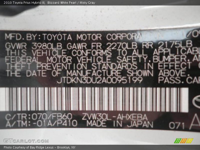 Blizzard White Pearl / Misty Gray 2010 Toyota Prius Hybrid III