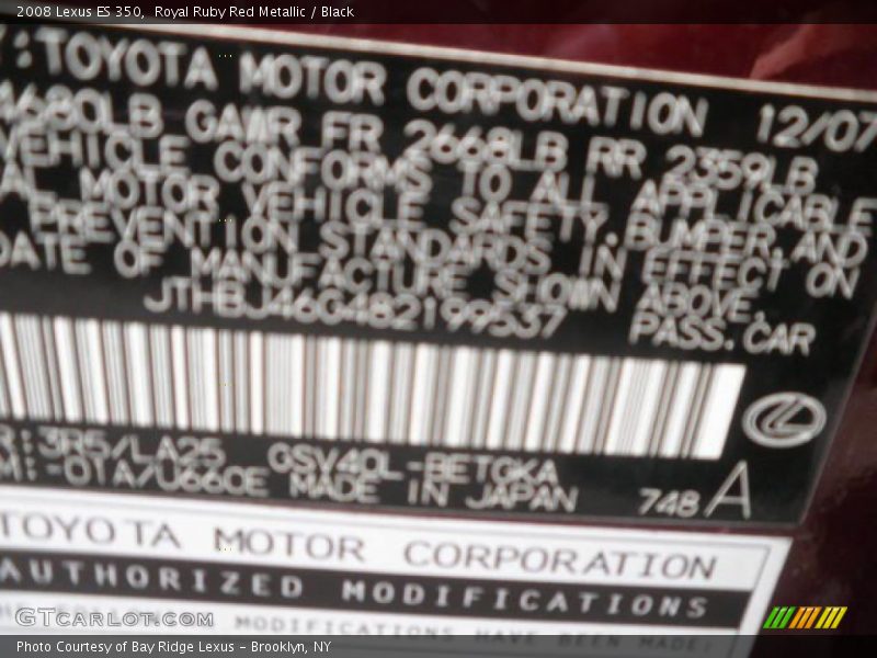 Royal Ruby Red Metallic / Black 2008 Lexus ES 350