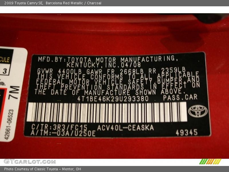 Barcelona Red Metallic / Charcoal 2009 Toyota Camry SE