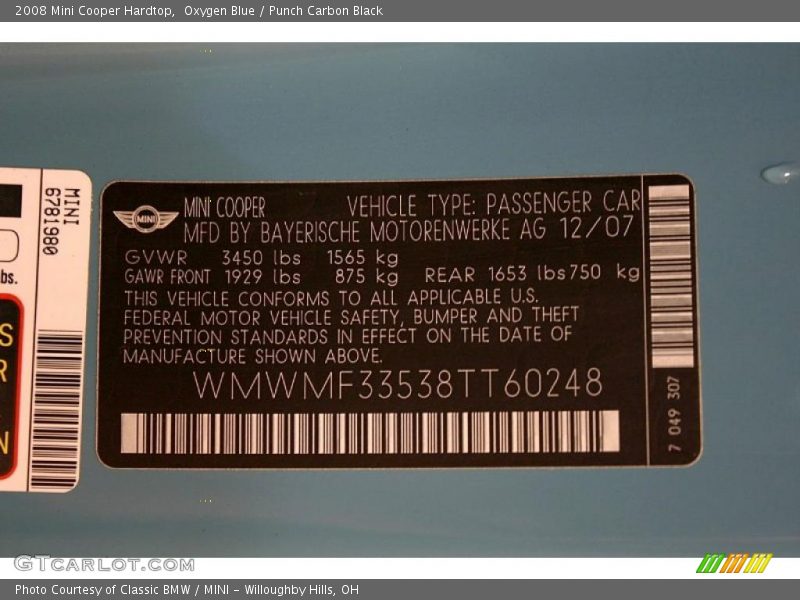 Info Tag of 2008 Cooper Hardtop