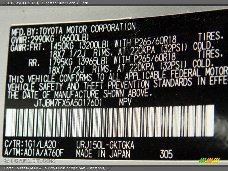 2010 GX 460 Tungsten Silver Pearl Color Code 1G1