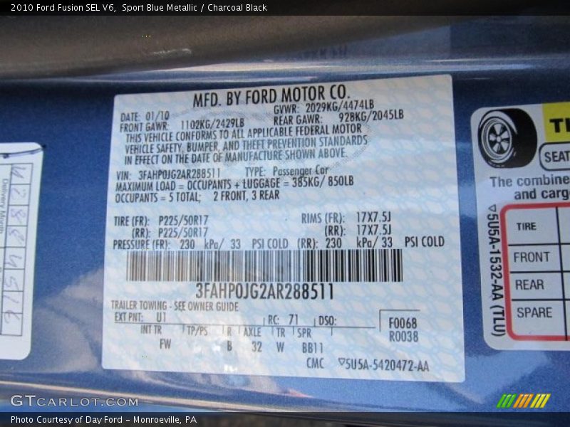 2010 Fusion SEL V6 Sport Blue Metallic Color Code U1
