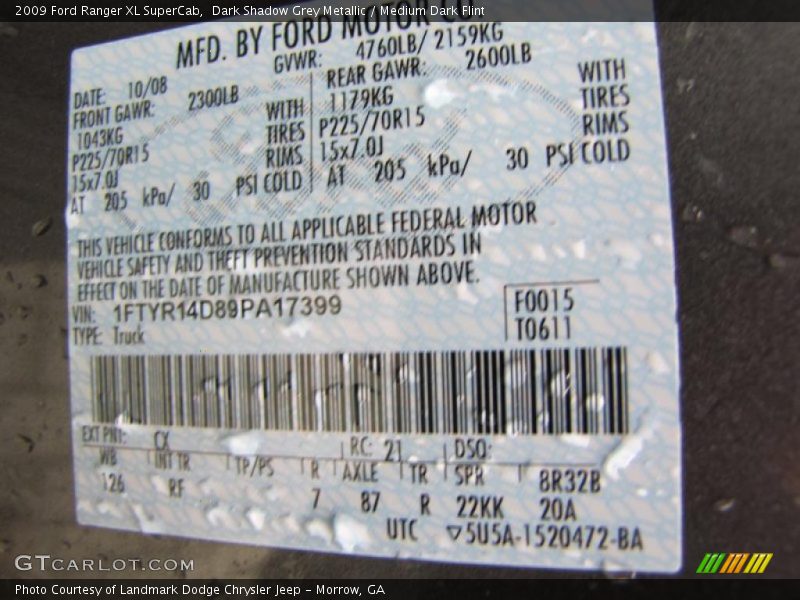 2009 Ranger XL SuperCab Dark Shadow Grey Metallic Color Code CX
