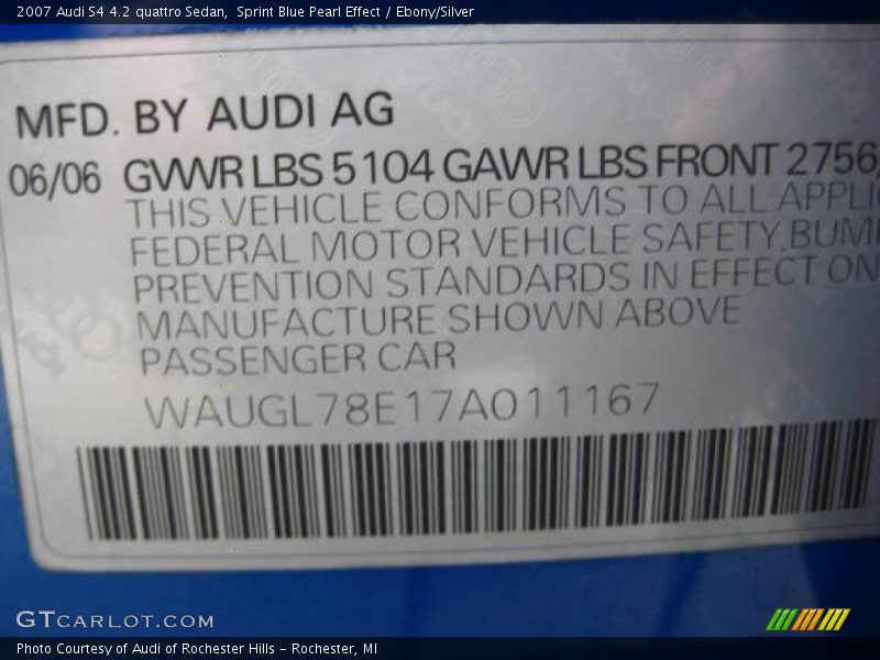 Sprint Blue Pearl Effect / Ebony/Silver 2007 Audi S4 4.2 quattro Sedan