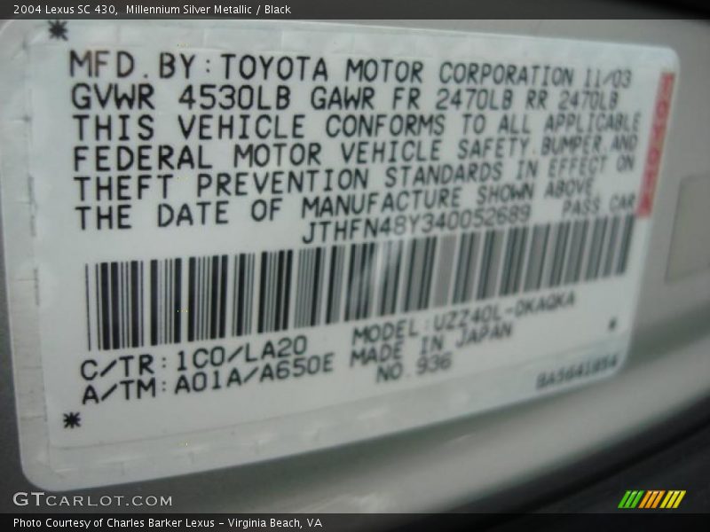 2004 SC 430 Millennium Silver Metallic Color Code 1C0