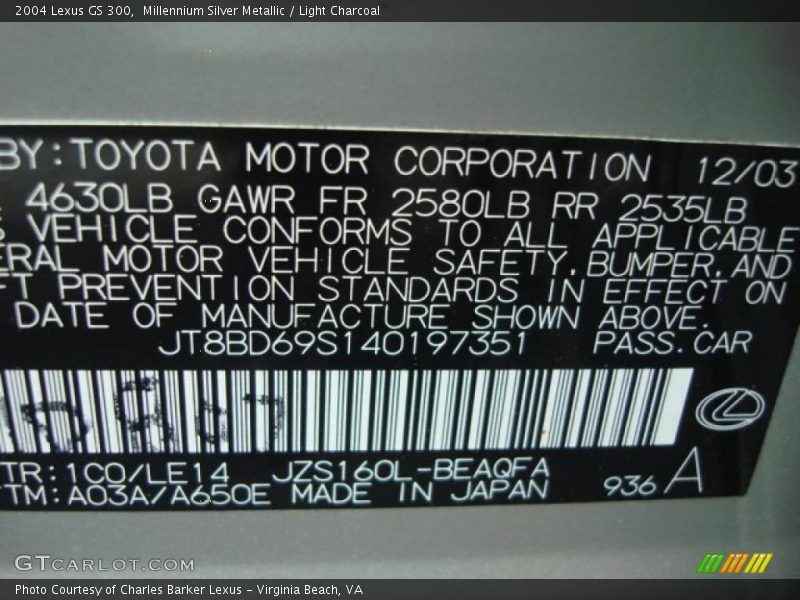 2004 GS 300 Millennium Silver Metallic Color Code 1C0