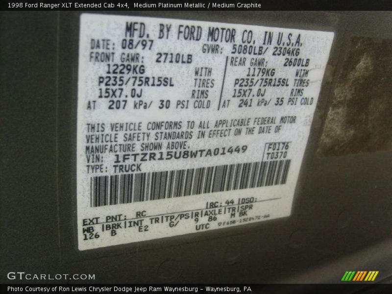 Medium Platinum Metallic / Medium Graphite 1998 Ford Ranger XLT Extended Cab 4x4