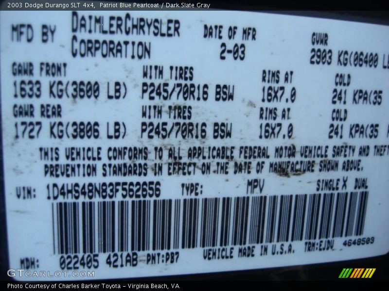 Patriot Blue Pearlcoat / Dark Slate Gray 2003 Dodge Durango SLT 4x4