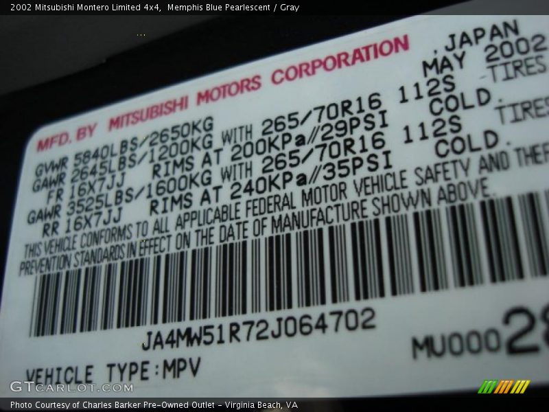 Memphis Blue Pearlescent / Gray 2002 Mitsubishi Montero Limited 4x4