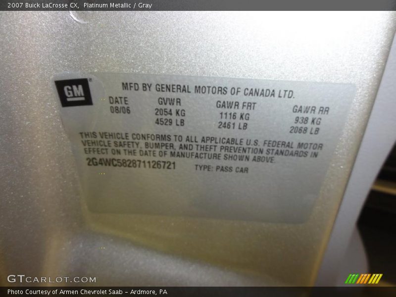 Platinum Metallic / Gray 2007 Buick LaCrosse CX