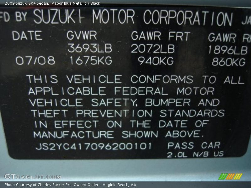Vapor Blue Metallic / Black 2009 Suzuki SX4 Sedan