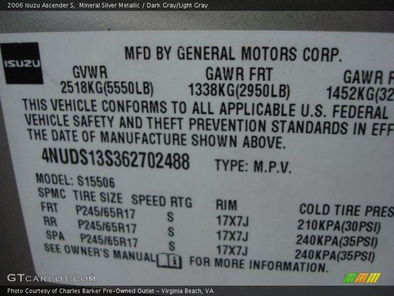 Mineral Silver Metallic / Dark Gray/Light Gray 2006 Isuzu Ascender S