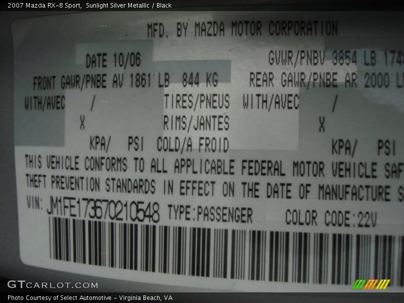 2007 RX-8 Sport Sunlight Silver Metallic Color Code 22V