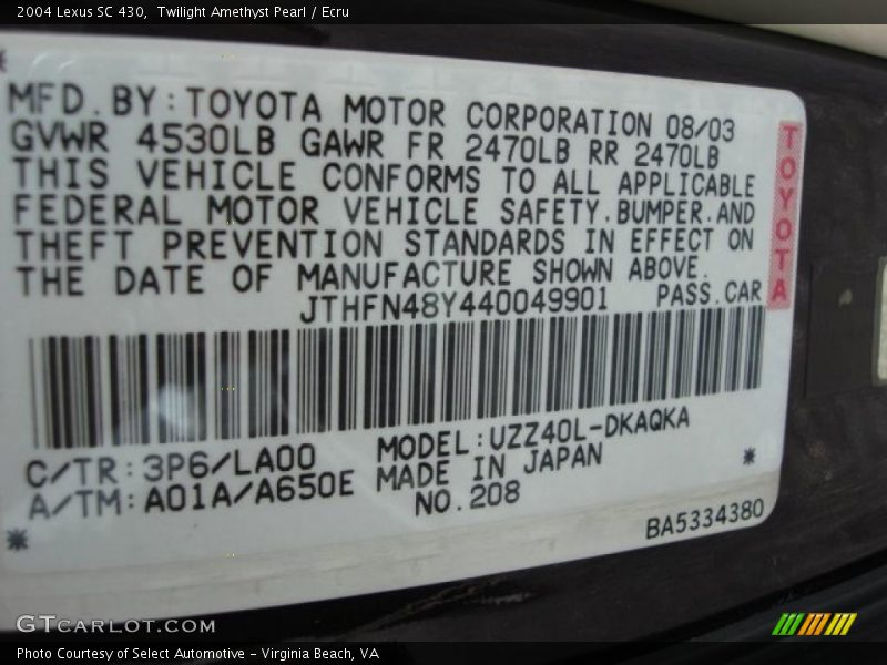 Twilight Amethyst Pearl / Ecru 2004 Lexus SC 430