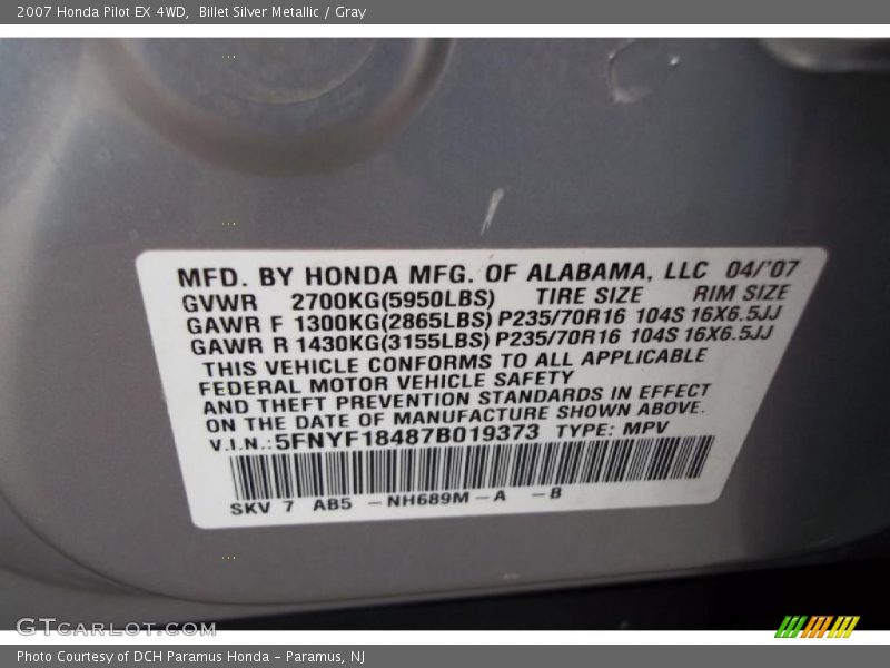 Billet Silver Metallic / Gray 2007 Honda Pilot EX 4WD