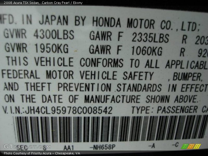2008 TSX Sedan Carbon Gray Pearl Color Code NH658P