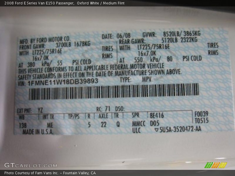 2008 E Series Van E150 Passenger Oxford White Color Code YZ