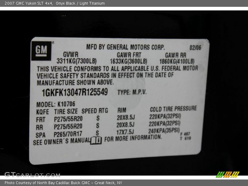 Info Tag of 2007 Yukon SLT 4x4