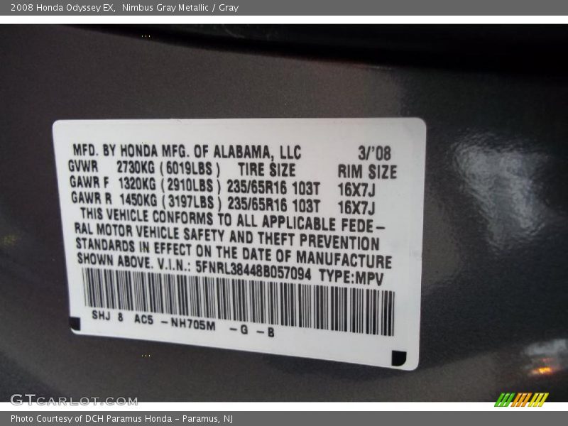 Nimbus Gray Metallic / Gray 2008 Honda Odyssey EX