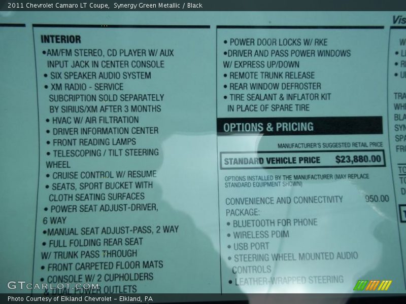  2011 Camaro LT Coupe Window Sticker