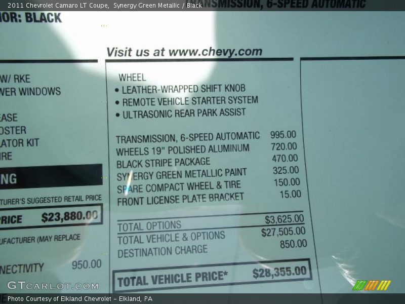  2011 Camaro LT Coupe Window Sticker