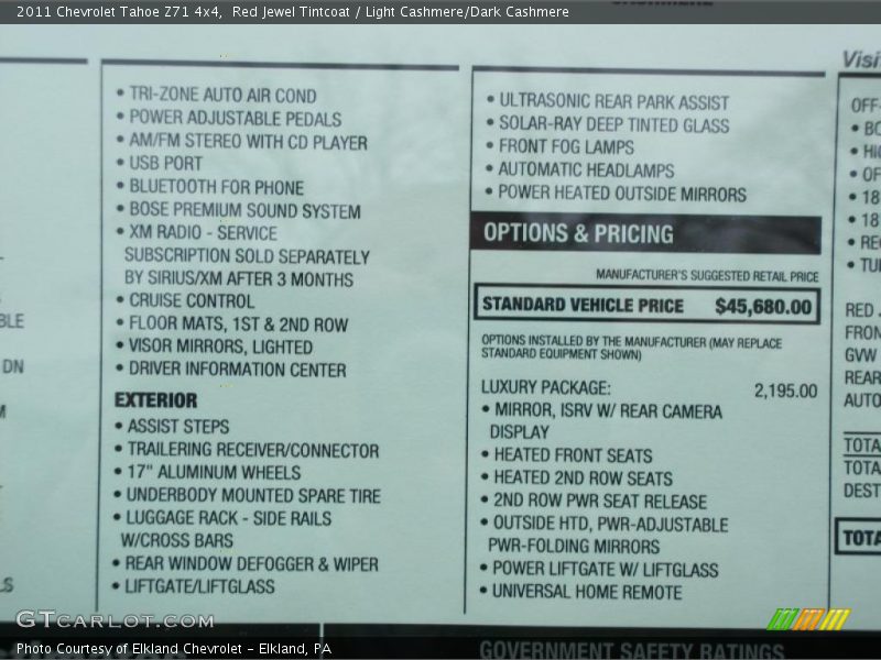  2011 Tahoe Z71 4x4 Window Sticker