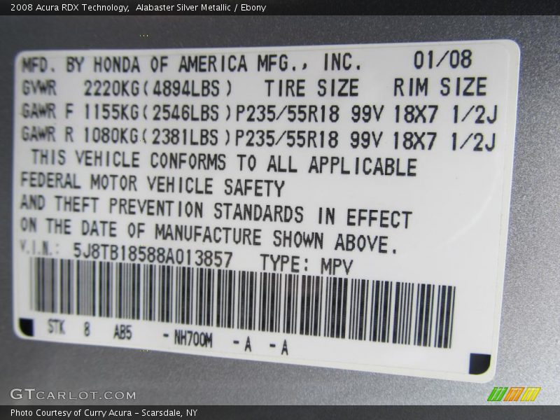 Alabaster Silver Metallic / Ebony 2008 Acura RDX Technology