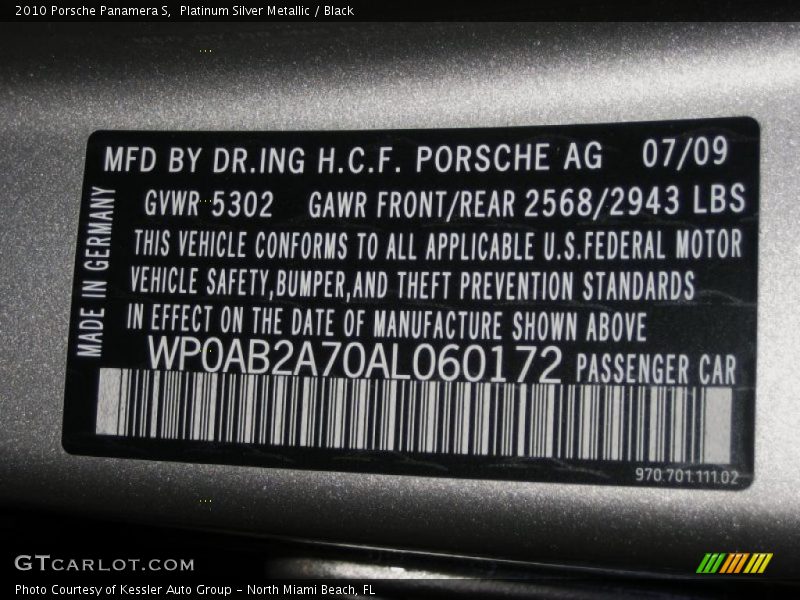 Platinum Silver Metallic / Black 2010 Porsche Panamera S