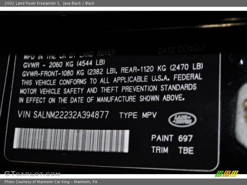 Java Black / Black 2002 Land Rover Freelander S