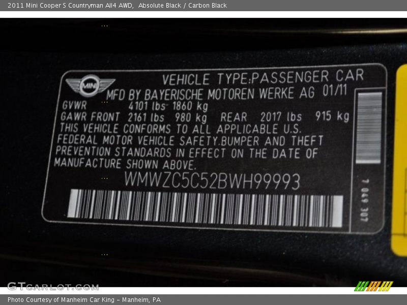 Absolute Black / Carbon Black 2011 Mini Cooper S Countryman All4 AWD
