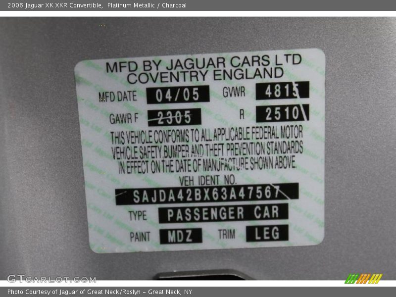2006 XK XKR Convertible Platinum Metallic Color Code MDZ