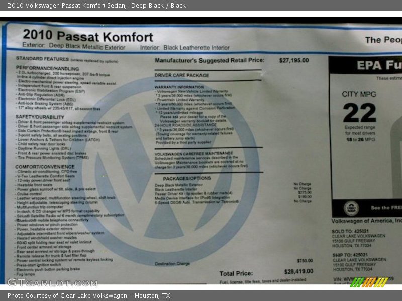 Deep Black / Black 2010 Volkswagen Passat Komfort Sedan
