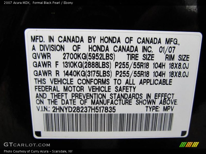 Formal Black Pearl / Ebony 2007 Acura MDX