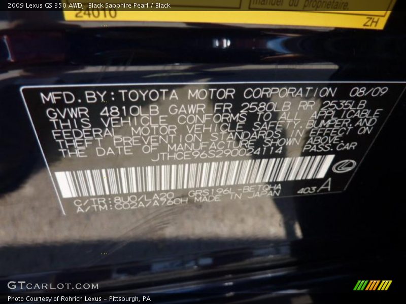 2009 GS 350 AWD Black Sapphire Pearl Color Code 8U0
