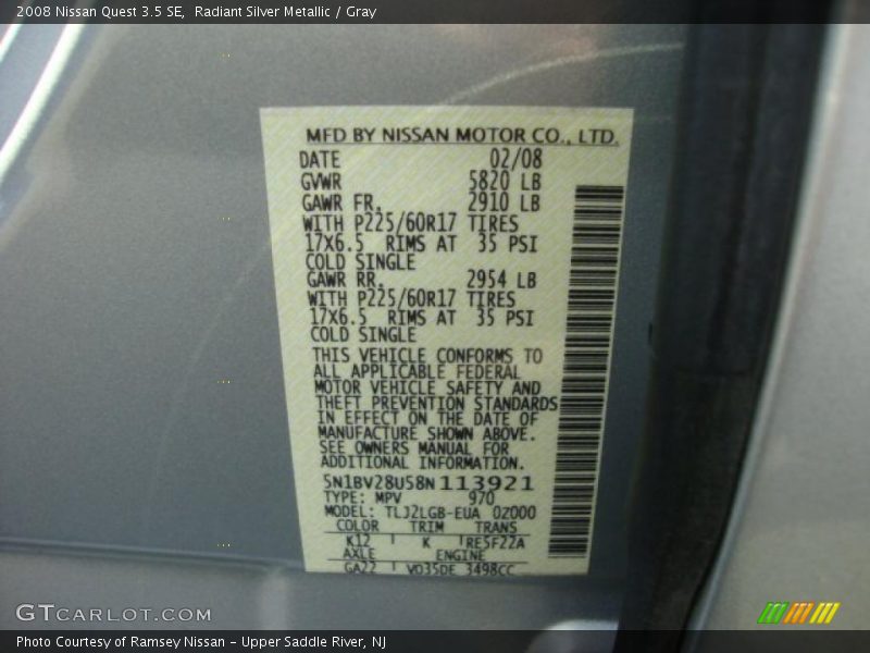 Radiant Silver Metallic / Gray 2008 Nissan Quest 3.5 SE