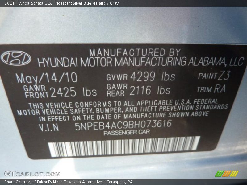 Iridescent Silver Blue Metallic / Gray 2011 Hyundai Sonata GLS