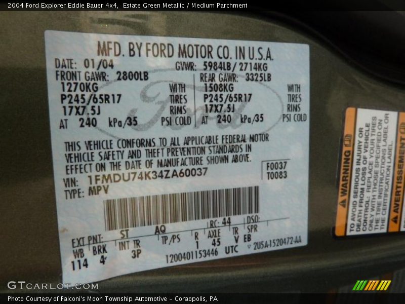 2004 Explorer Eddie Bauer 4x4 Estate Green Metallic Color Code ST