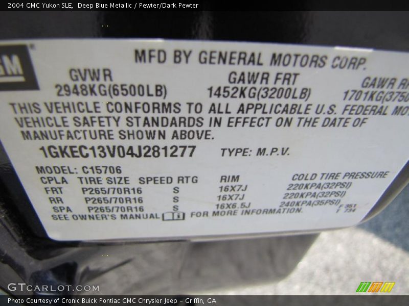 Deep Blue Metallic / Pewter/Dark Pewter 2004 GMC Yukon SLE