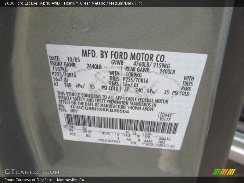2006 Escape Hybrid 4WD Titanium Green Metallic Color Code DV