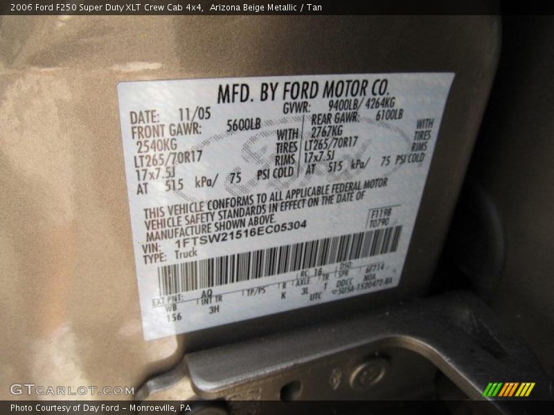 2006 F250 Super Duty XLT Crew Cab 4x4 Arizona Beige Metallic Color Code AQ