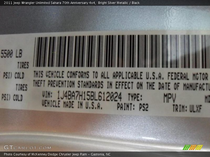 2011 Wrangler Unlimited Sahara 70th Anniversary 4x4 Bright Silver Metallic Color Code PS2