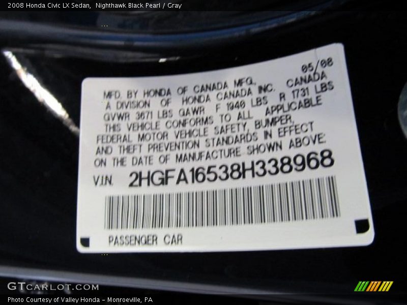 Nighthawk Black Pearl / Gray 2008 Honda Civic LX Sedan