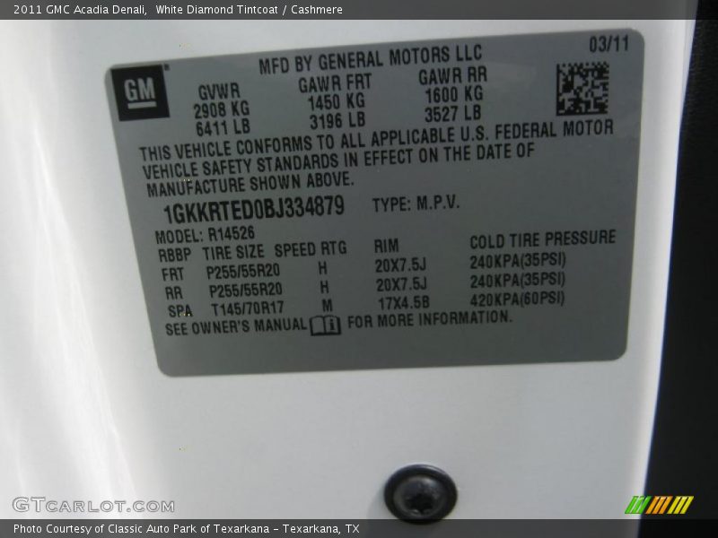 White Diamond Tintcoat / Cashmere 2011 GMC Acadia Denali