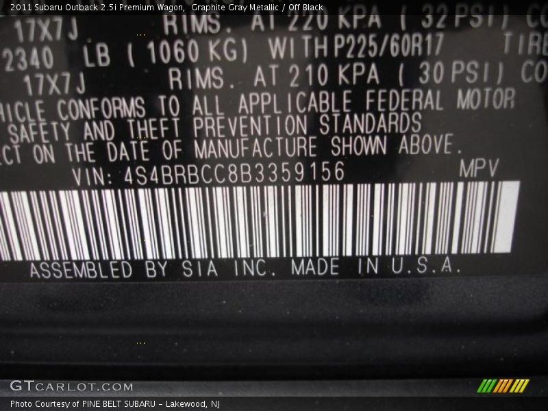 Graphite Gray Metallic / Off Black 2011 Subaru Outback 2.5i Premium Wagon